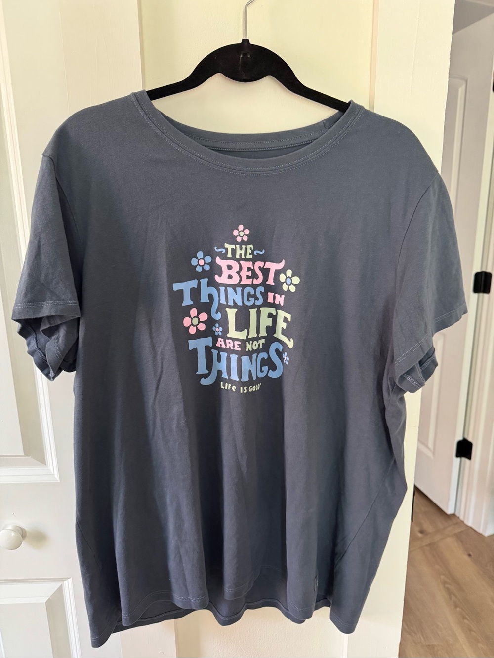 Life Is Good Charcoal Graphic Tee with Pastel Floral Print